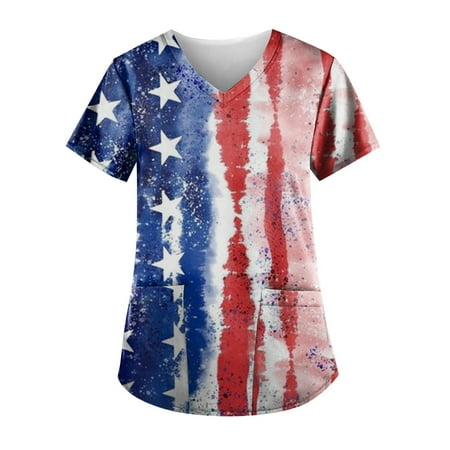 

Yubatuo Women Plus Size Scrubs Top with Pockets V-Neck Short Sleeve Printed Work Blouse for Women Vermilion M