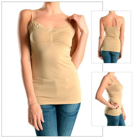 - Sexy Seamless Tank Top Lace Trim Spaghetti Strap Stretch Plain Basic Tee S M L !