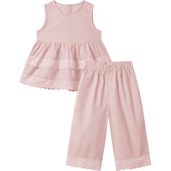 Girls 2-Piece Outfit Eyelet Lace Sleeveless Tunic and Wide Leg Pants Set for Girls