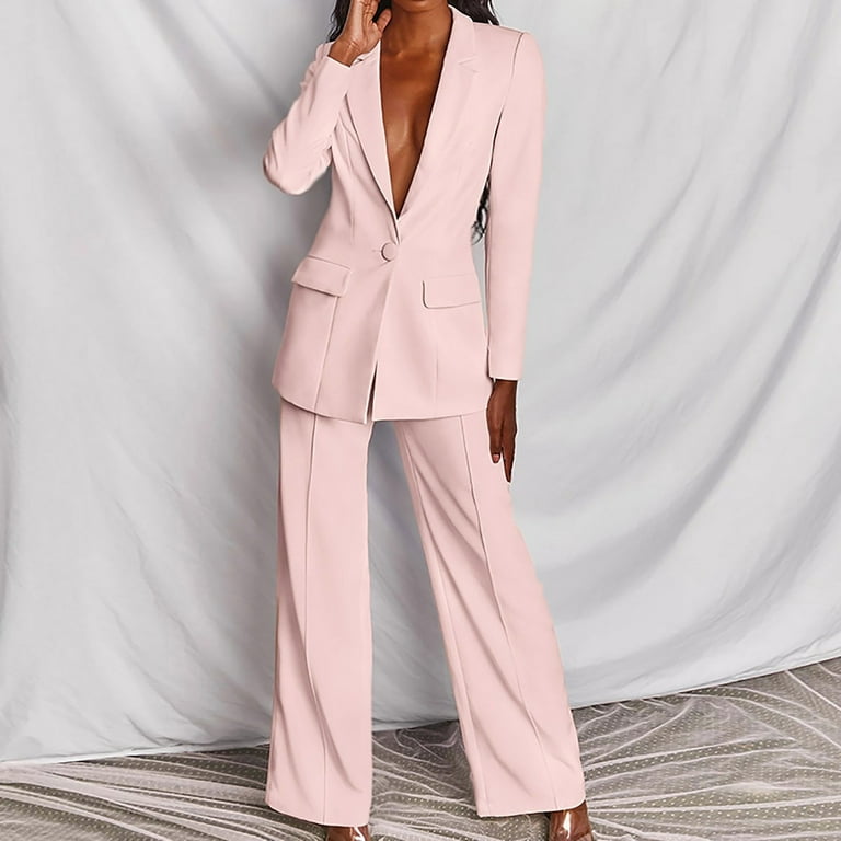 FRSASU Plus Size Long Sleeve clearance,Women's Long Sleeve Solid Suit Pants  Elegant Business Suit Sets Two-piece Suit Pink 10(XL)