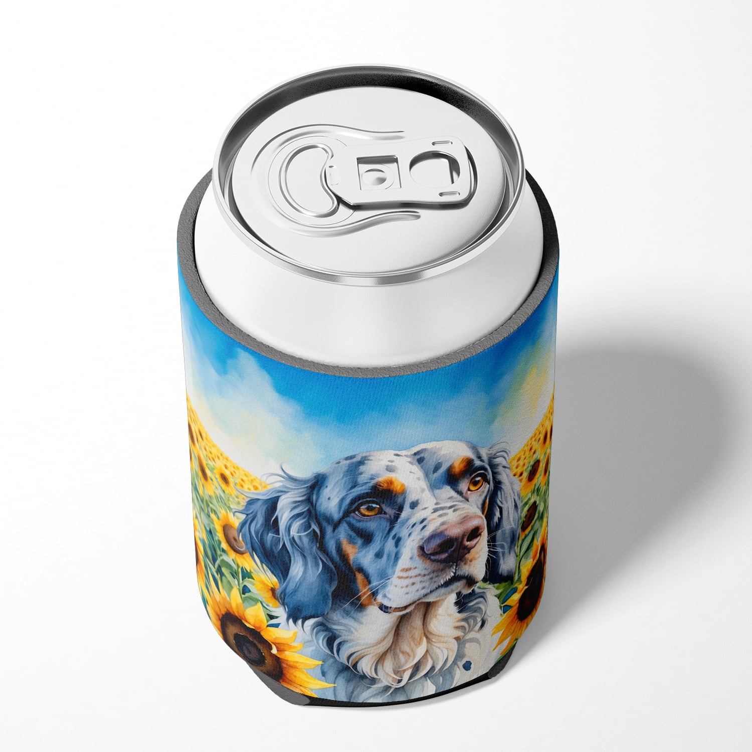 English Setter in Sunflowers Can or Bottle Hugger 3 in x 5 in