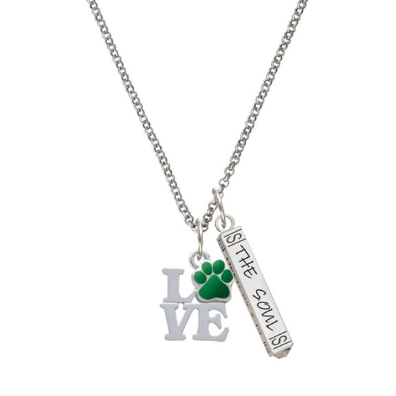 Delight Jewelry Silvertone Love with Green Paw Silvertone Hope Anchors the Soul Bar Charm Necklace, 23"
