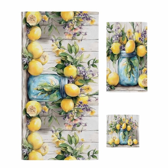 Rustic Lemon Vases Towel Set of 3, Soft Microfiber Bath Towels, Hand Towel, Washcloths, Vintage Botanical Wooden Quick-Dry Absorbent Towels for Bathroom Kitchen Hotel Beach Gym Spa