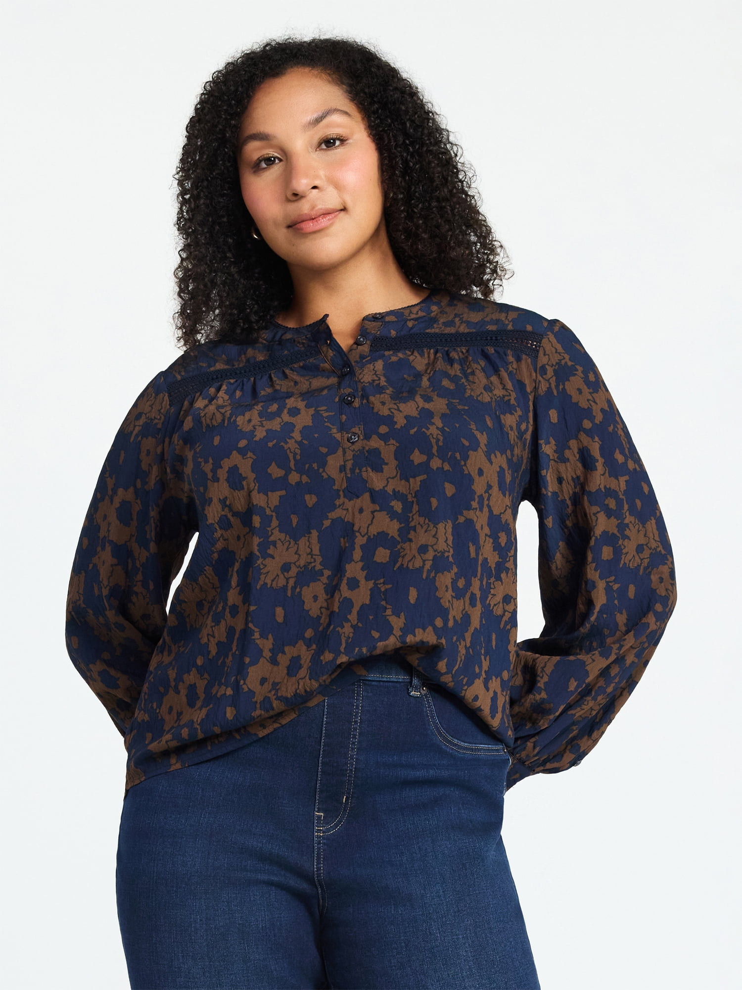 Time and Tru Women's Lace Yoke Shirt with Long Sleeves Sizes XS-XXXL
