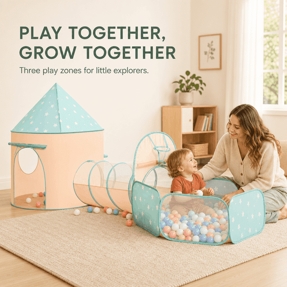 Moncoland Kids Play Tent Play Tunnel Ball Pit 3-Piece Indoor Activity Center for Toddlers, Orange Green Star, Foldable Taffeta Crawl-Through Set