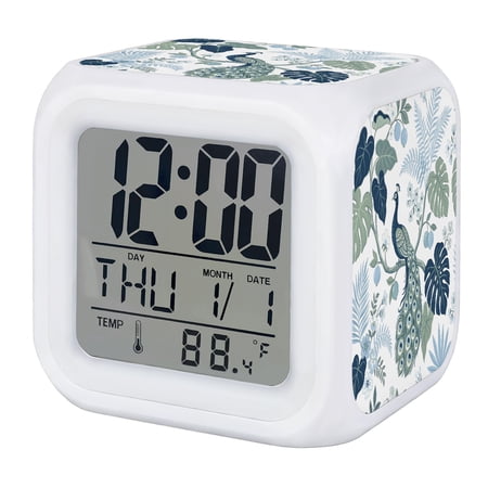 Summer Tropical Digital Alarm Clock for Bedrooms,Smart LED Alarm Clock with 7 Color Changing Night Light,Vintage Monstera Leaves Peacock Botanical Silent Wake Up Clocks for Sleep Study 3.2x3.2