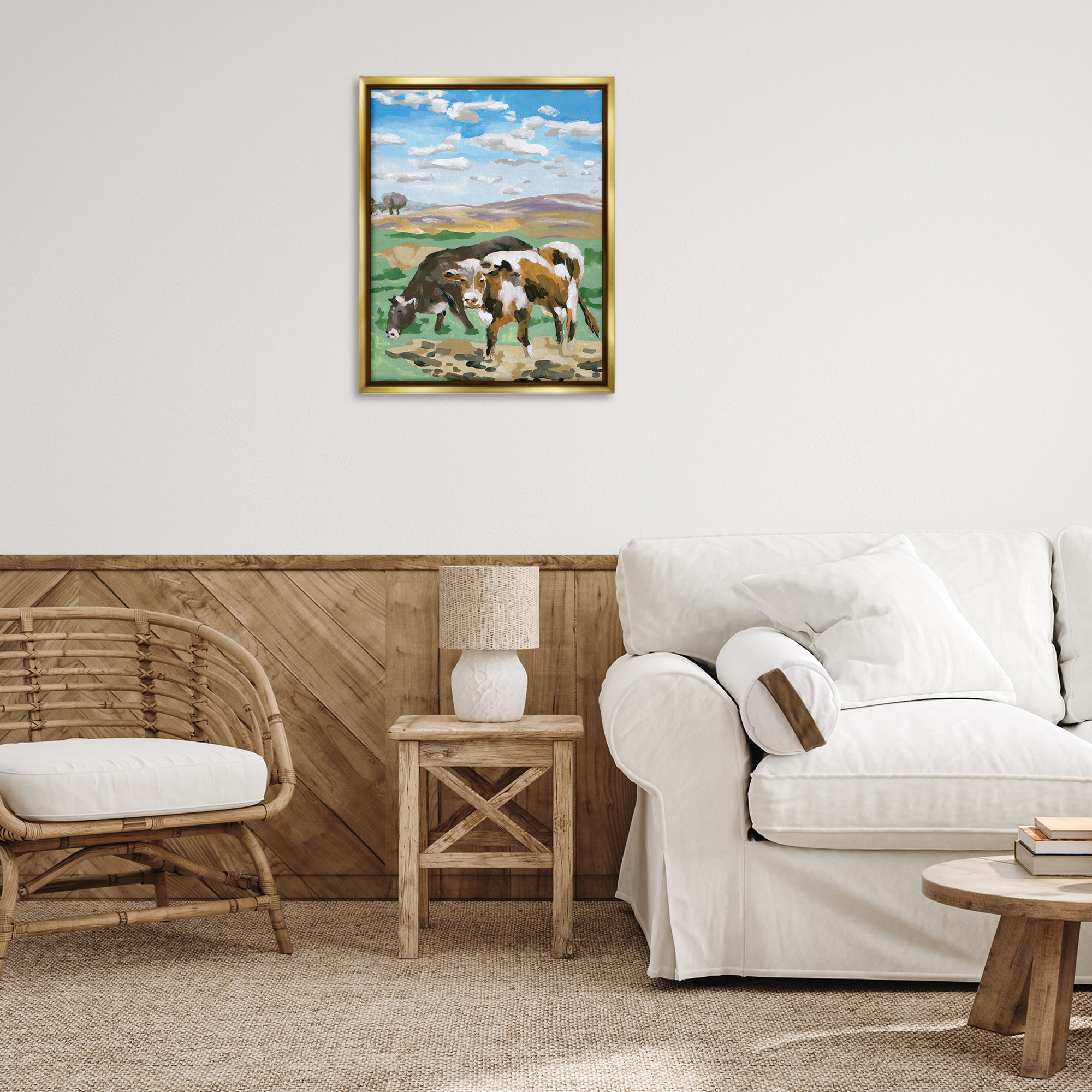 Stupell Industries Grazing Cattle Landscape Animals Painting Gold Floater Framed Canvas Art Print Wall Art, 25 x 31