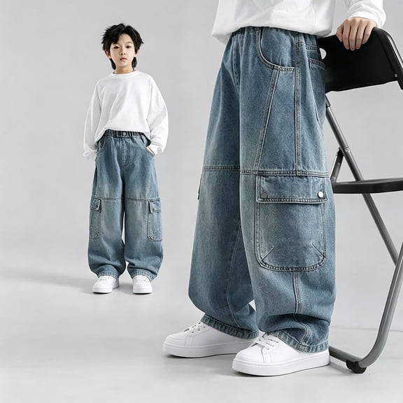 HonestMatter Baggy Jeans for Boys, Wide Leg Cargo Pants with Back Elastic Waist, Kids Washed Denim Casual Trousers with Large Pockets for School and Daily Wear
