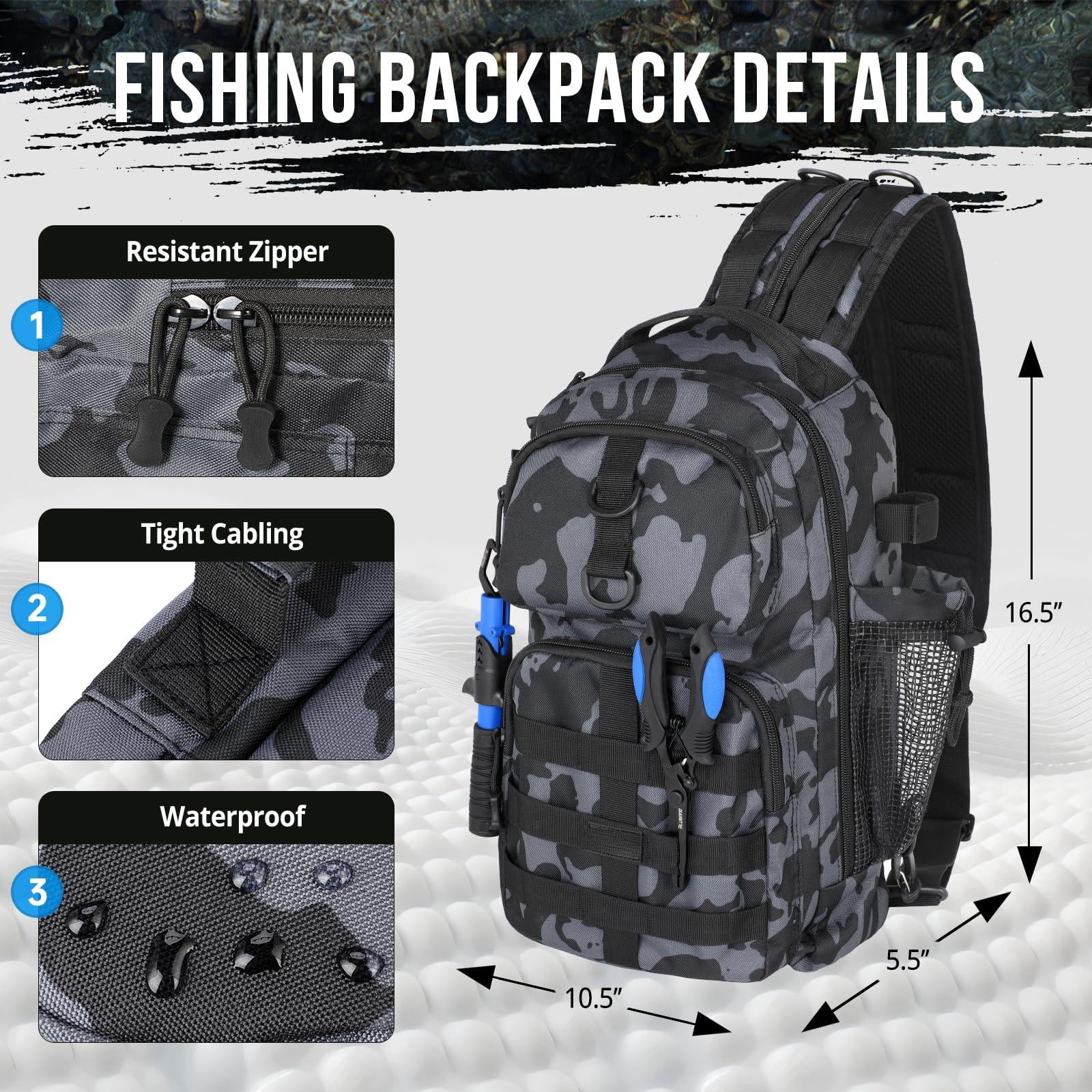 Fishing Backpack With Tackle Boxes  Waterproof Sling Bag For Gear Rod Holder Gifts Men Lures Pliers.