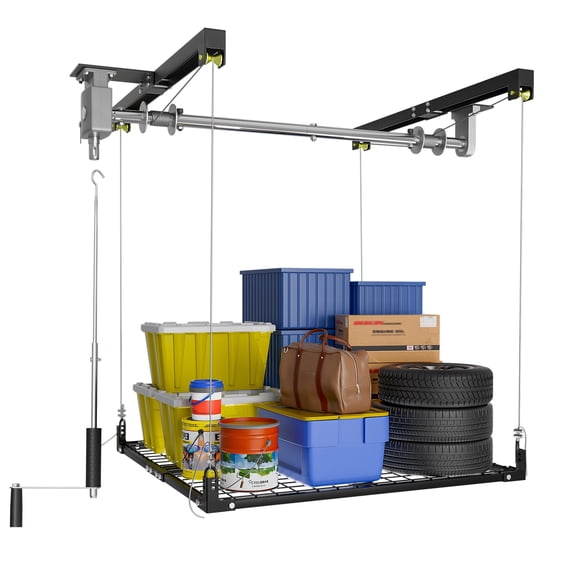 YOHKOH Heavy Duty 4x4 Ft Overhead Garage Storage Lift with Reinforced H-Beam, 400 lbs Capacity Ceiling Storage Rack System with Hand Crank & Secure Lock, Black