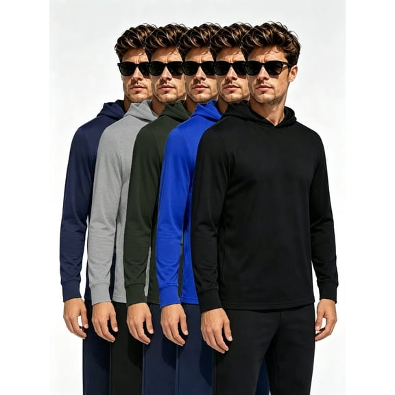 DENTOYOU 5 Pack Men's Athletic Hoodies Long Sleeve Fishing Lightweigh Pullover Shirts UPF 50 Sun Protection Shirts Rash Guards Hiking Running Workout Black/Navy/Grey/Blue/Green L