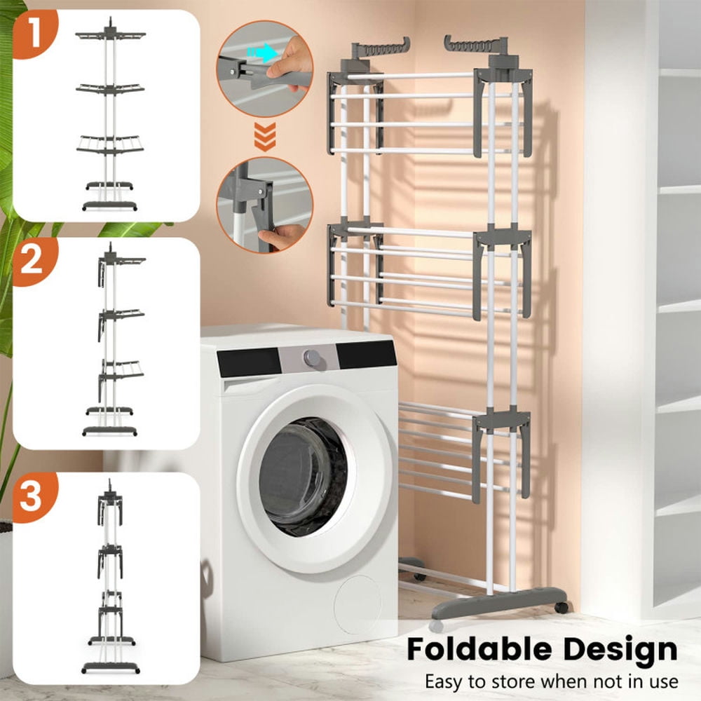 Finihen Drying Rack, Clothes Drying Rack, 4-tier Clothes Drying Rack with Rotatable Side Wings and Collapsible Shelves, for Indoor, Outdoor, Gray Finihen Drying Rack, Clothes Drying Rack, 4-tier Clothes Drying Rack with Rotatable Side Wings and Collapsible Shelves, for Indoor, Outdoor, Gray