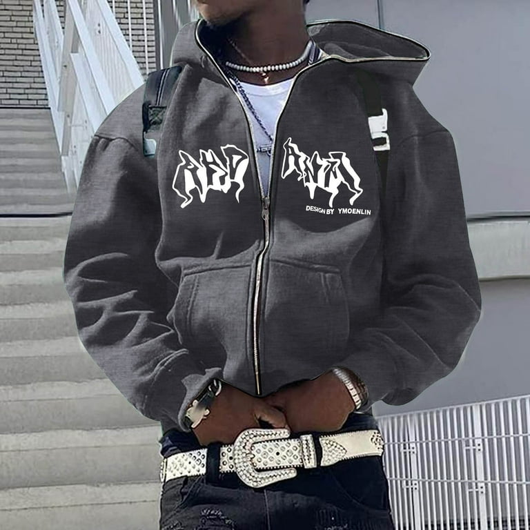Mens Zip Up Hoodie Versatile Letter Print Long Sleeve Hoodies