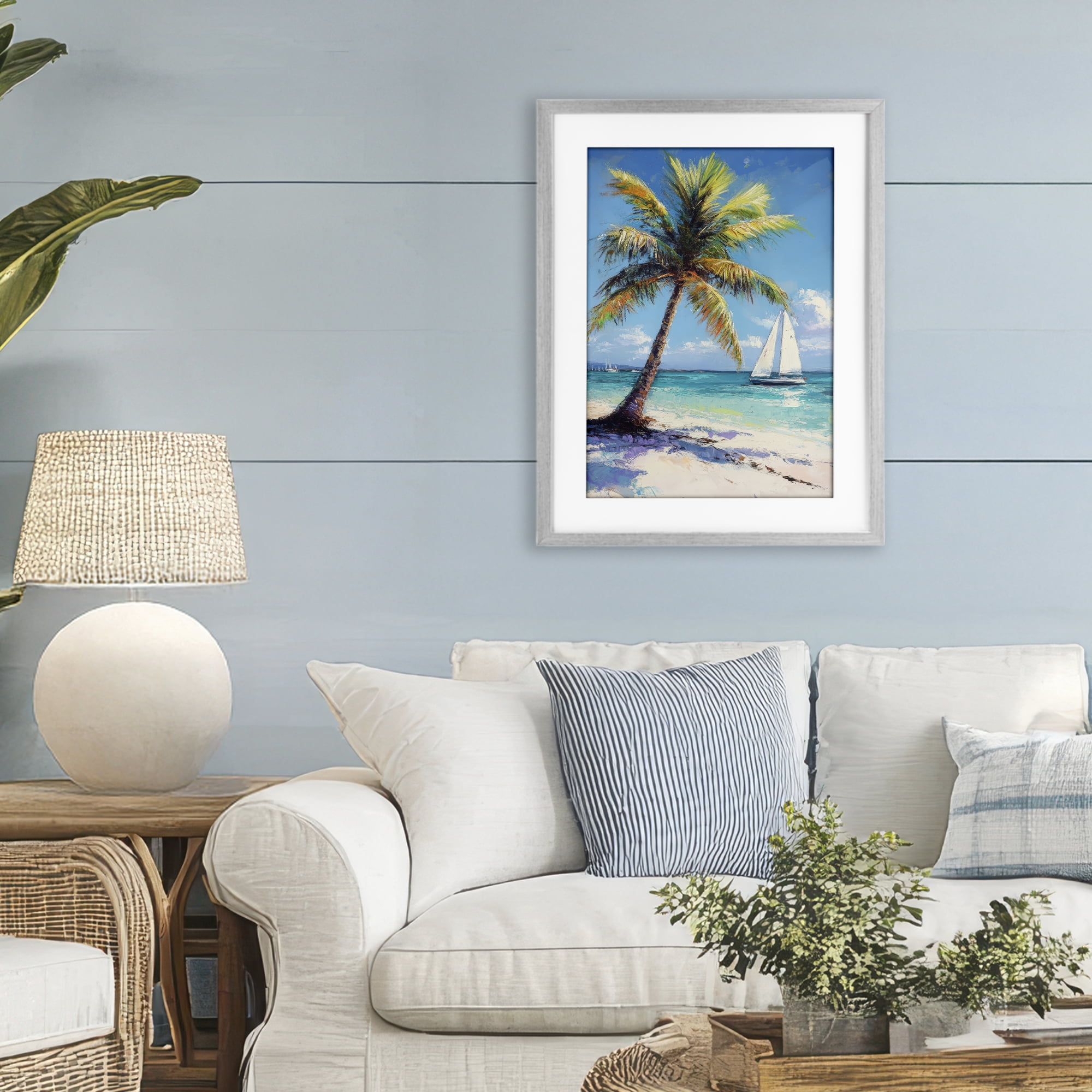 Stupell Industries Palms & Sails Beach View Gray Framed Print Under Glass, design by Petal Prints Design