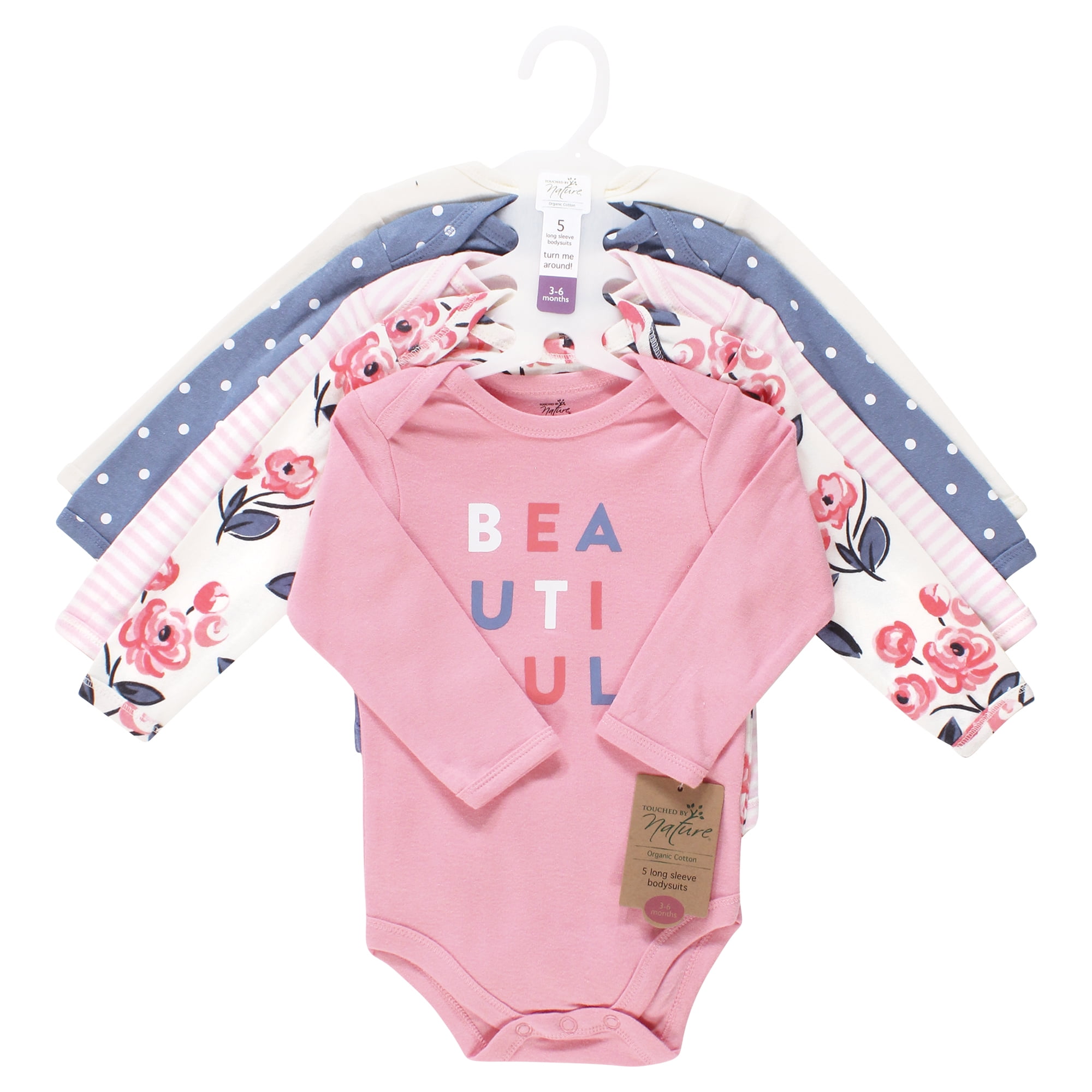 Touched by Nature Unisex Baby Organic Cotton Long-Sleeve Bodysuits, Bubblegum Floral, 18-24 Months