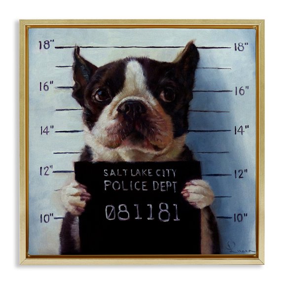 Stupell Industries Boston Terrier Jail Convicted Mugshot Animals & Insects Painting Gold Floater Framed Canvas Art Print Wall Art, 18 x 18