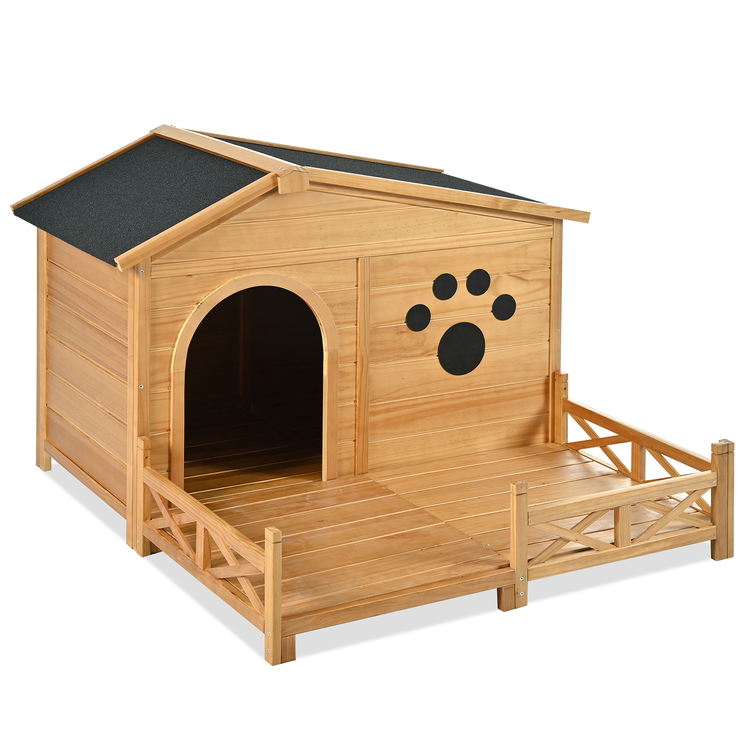 Pefilos 48" Large Wooden Dog House for Outdoor and Indoor, Cat Shelter with Doors and Porch, Cabin Style Pet Kennel for Medium Dogs, Gray