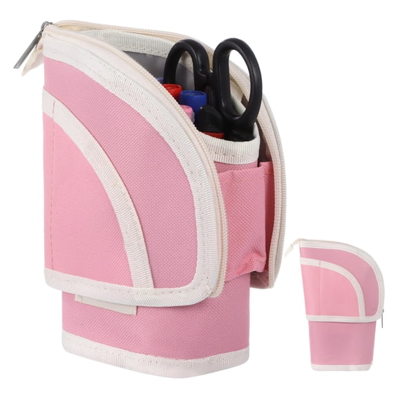 2 in 1 Pink Telescopic Pen Holder, 8.7 x 3 x 3.9 in Standing Pencil Case, Stand-up Retractable Design with Large Capacity, Stationery Pouch for Office, Home