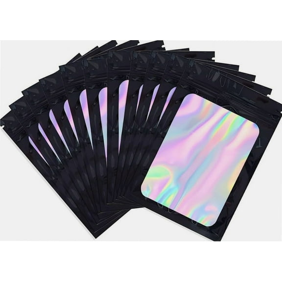50pcs Small Black Ziplock bags with Clear Window, Reusable Foil Sample Bags, Resealable Holographic Mylar Bags, Clear Black Pouches for Food Storage (Holographic Black, 6.3"x9.4")