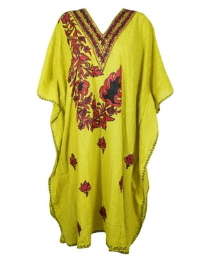 Mogul Women Yellow Mid Calf Embellished Kaftan Dress Beautiful Floral Embroidered Kimono Sleeves Resort Wear Housedress Caftan 3XL