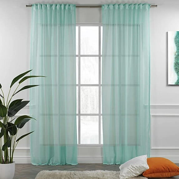 3S Brother's Teal Grean Linen Look Extra Long Set of 2 Panels Sheer Curtains Rod Pocket & Back Tab Home Décor Window Custom Made Drapes 10-30 Ft. Long -Made in Turkey Each Panel (100"W x 72"L)