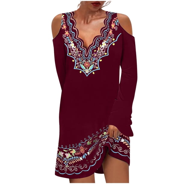Vestido de manga larga con cuello en V informal con estampado de otoño para mujer a la moda Fridja yut5726