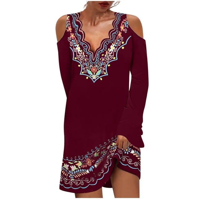 Vestidos para mujer Vestidos de otoño Moda Otoño Impresión Causal Cuello en V Manga larga Vestido con hombros descubiertos Odeerbi ODB-5