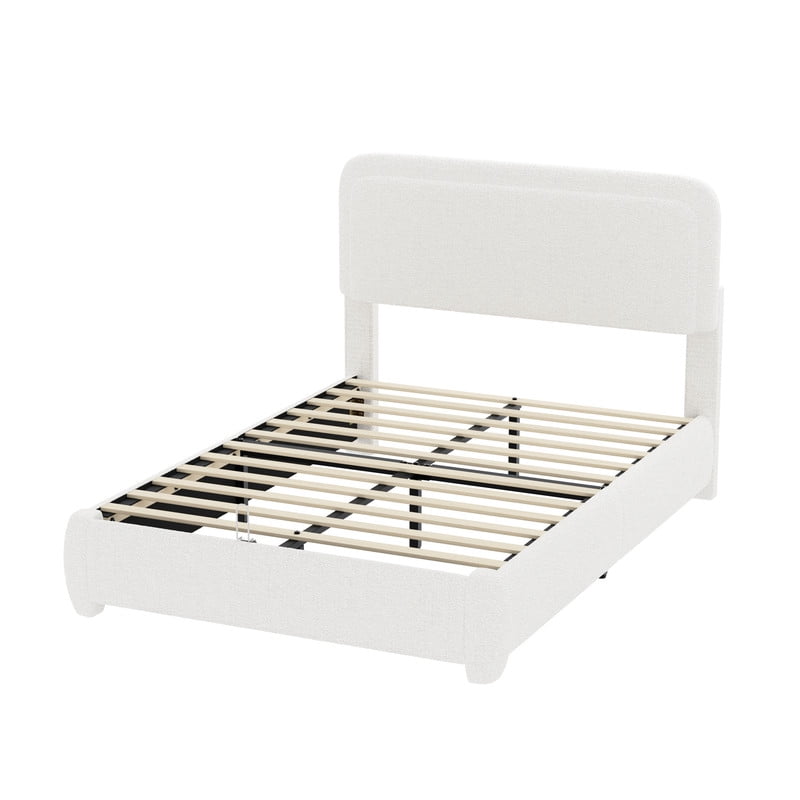 Full Size Boucle Upholstered Bed Frame with Adjustable Height Headboard, Low-Profile Platform Bed with Mattress Anti-Slip Holder