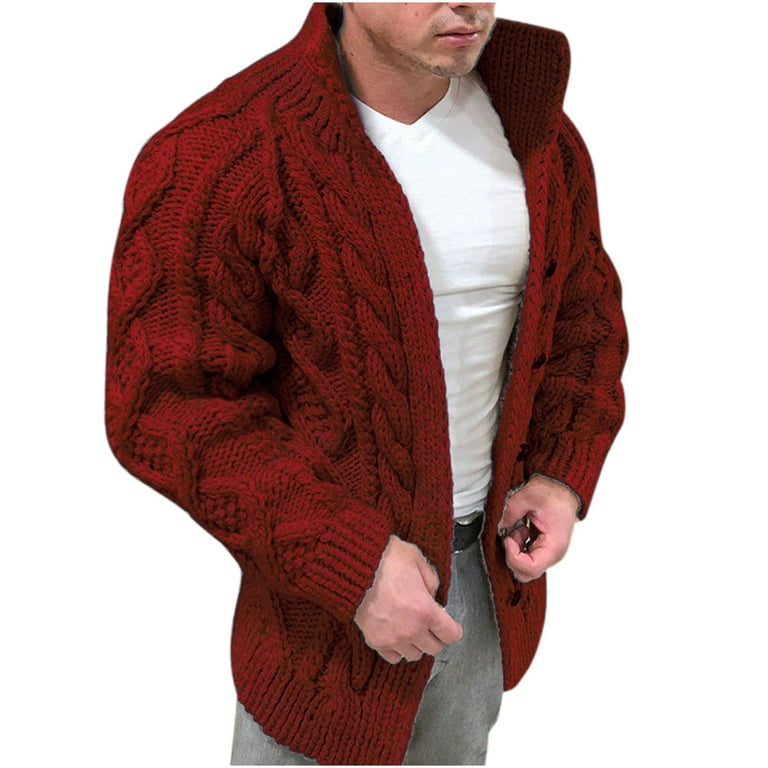 Mens Chunky Collar Cardigan Sweater Buttons Knitted Jumper Coat