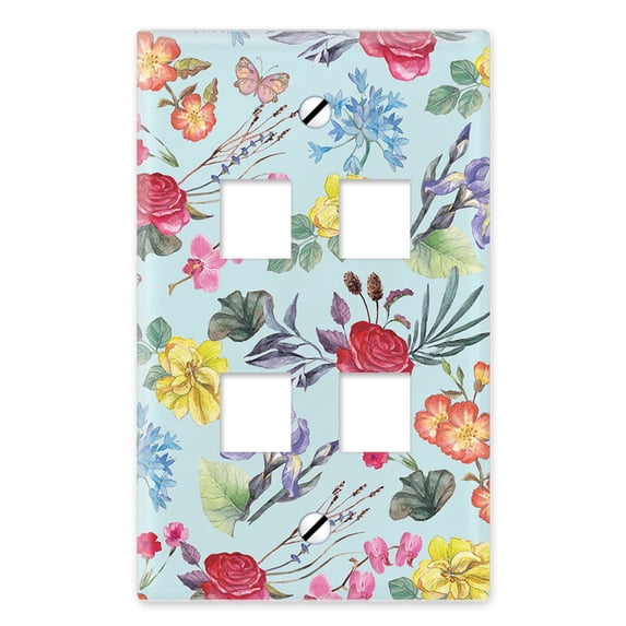 WIRESTER 4-Port Wall Plate for Keystone Jacks Modular Inserts Ethernet Cable, Vintage Botanical Flowers Plants Teal