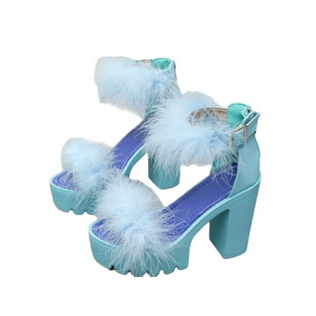 

Colisha Women Heeled Sandals Fluffy High Heels Summer Dress Sandal Party Non-slip Shoes Ankle Strap Light Blue 8