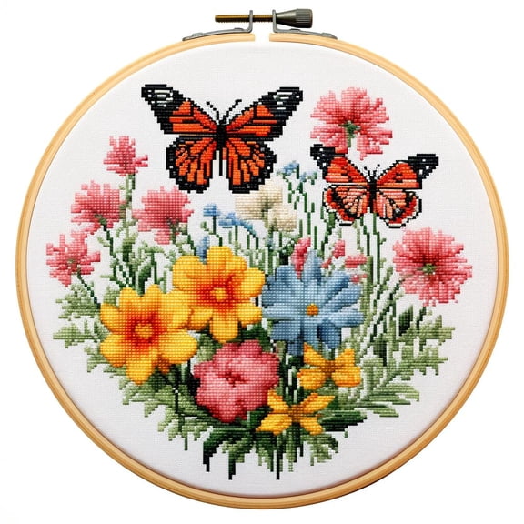 Butterflies and Flowers DIY Stamped Cross Stitch Kits for Beginners Easy with Hoop 11CT Needlepoint Embroidery Counted Cross Stitch Kits Art Craft Wall Decor and Gift 35x35cm(2)