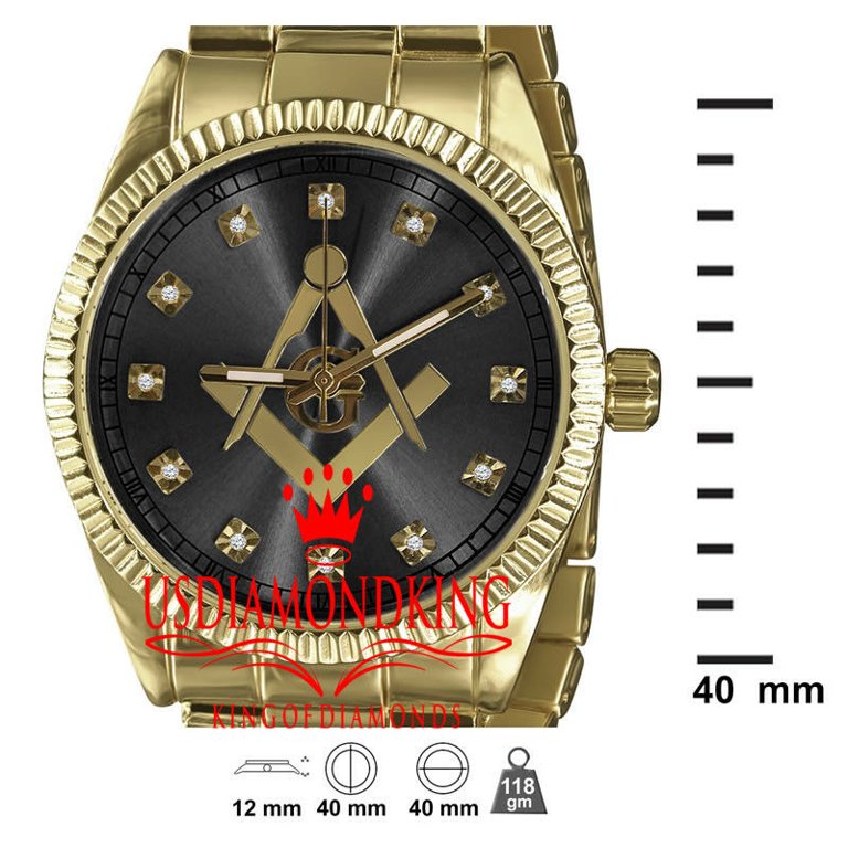 Mens Solid Stainless Steel Back Black Dial 40mm Gold Tone Freemason G  Compass Masonic Metal Band Wrist Watch