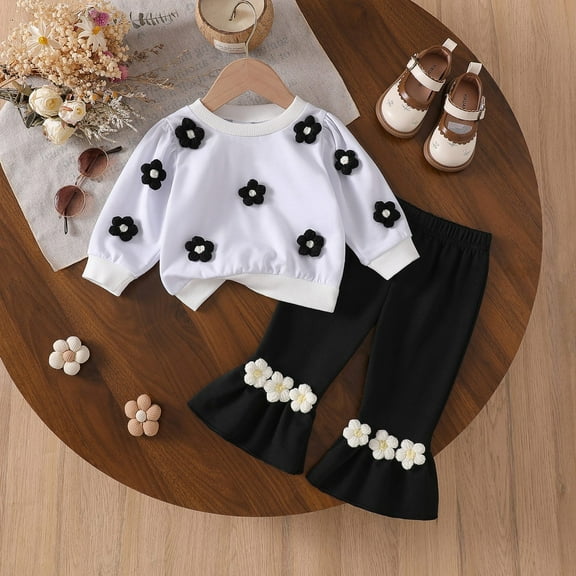 AUNVITO Girls Winter Outfit Set Cozy Floral Ribbed Collar Long Sleeve Dress & Bell-Bottom Pants Elastic Waist Knit Cotton 6M-3Y