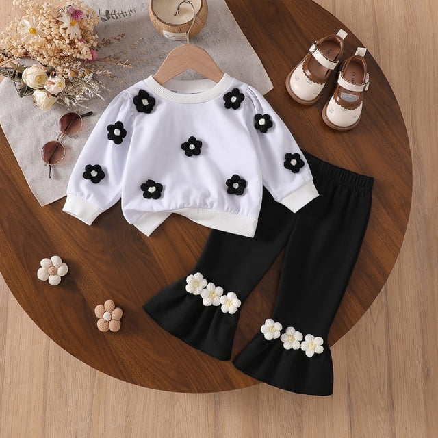 Cowsor Toddler Baby Girl Clothes Fall Winter Baby Girl Outfit Floral Sweatshirt Bell Bottom Jeans Pants Spring Clothing