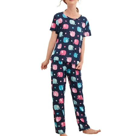 

Voguele Ladies Pajamas Set Plaid Printed Nightwear Floral Print Sleepwear Bredroom Loungewear Comfy 2 Piece Outfits Elephant M