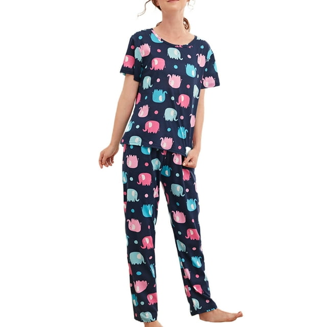 Innerwin Pajamas Set Plaid Printed Ladies Sleepwear Home Color Block Basic Nightwear Elephant S