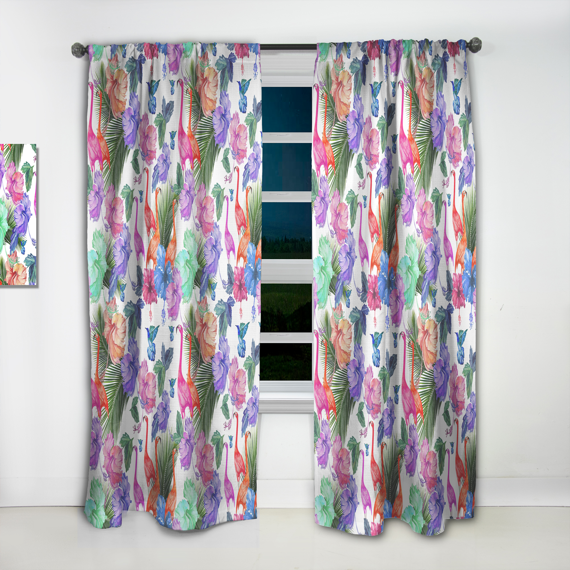 Designart 'Flamingo With Flowers' Tropical Curtain Panel