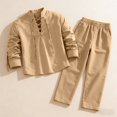 thumbnail image 4 of Migroa Mens 2 Pieces Cotton Linen Set Long Sleeve Shirts Casual Drawstring Yoga Pants Loose Fit Straight Legs Beach Trousers Summer Beach Wedding Outfits Khaki S, 4 of 7