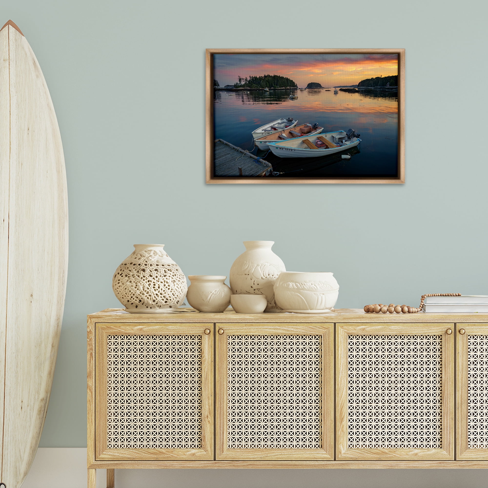 Stupell Industries Three Boats at Sunset Nautical & Beach Photography Brown Floater Framed Canvas Art Print Wall Art, 31 x 21