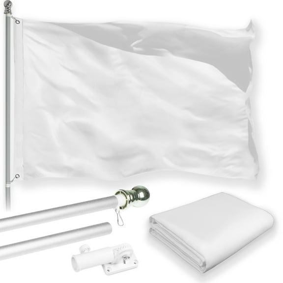 G128 Combo Pack: 5 Ft Tangle Free Aluminum Spinning Flagpole (Silver) & Solid White Color Flag 2x3 Ft, LiteWeave Pro Series Printed 150D Polyester | Pole with Flag Included