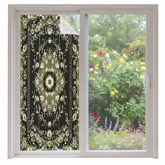 Vintage Green Window Privacy Film, Southwestern Geometric Abstract Art Static Cling UV Sun Blocking Heat Control Window Tint Day and Night, Non-Adhesive One Way Windows Privacy Cover 35.4''x78.7''