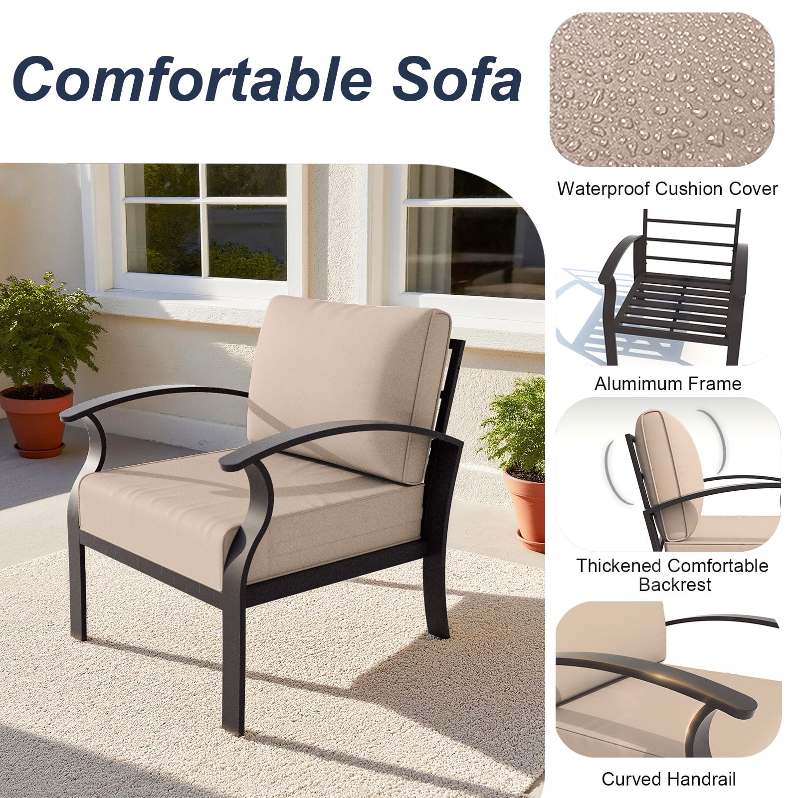 ALAULM 4-Seat Aluminum Patio Furniture Set, Outdoor Patio Conversation Set with Round Fire Pit Table and 5.1" Cushions for Patio Backyard Poolside, Sand