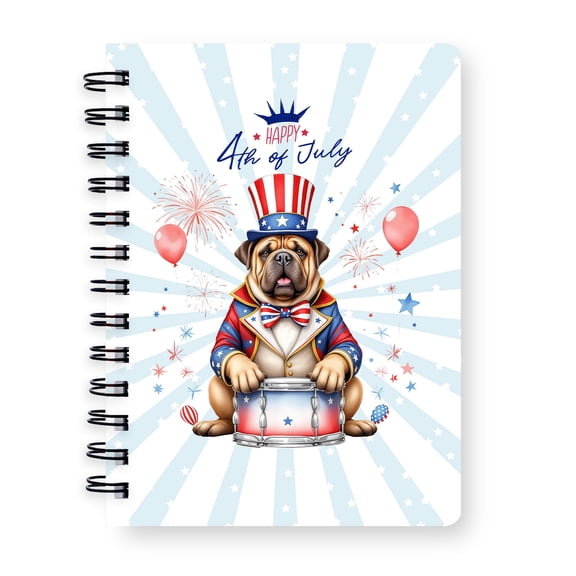 Happy 4th of July Patriotic Bullmastiff Marching Band Uniform Balloons Fireworks Spiral Bound Journal Dog Lover 5x7in Spiral Notebook - 13009