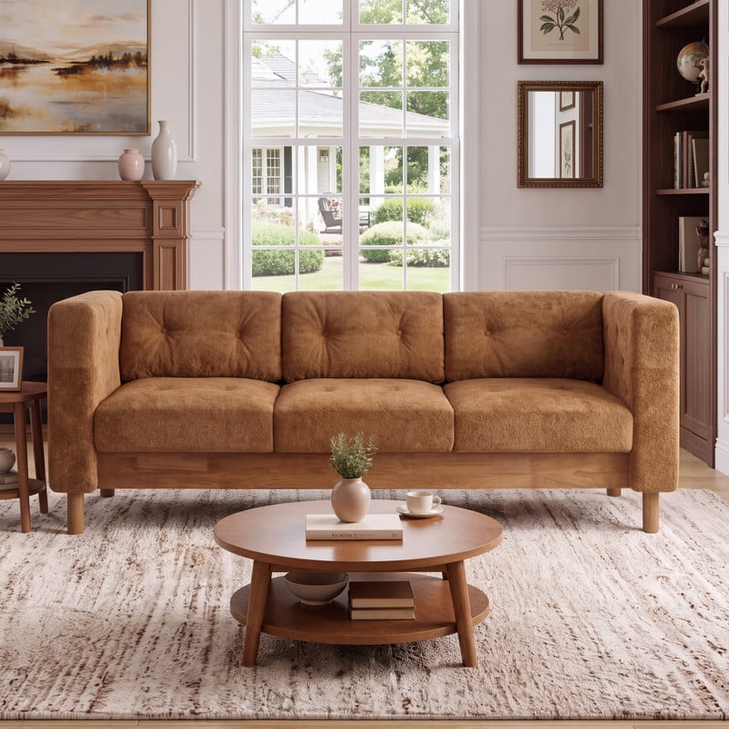78" Modern Upholstered 3-Seater Sofa with Solid Wood Legs, Chenille Soft Couch with Square Arms & Tufted Pillow Back