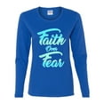 thumbnail image 2 of Wild Bobby, Faith Over Fear, Inspirational/Christian, Women Graphic Long Sleeve Tee, Royal, Small, 2 of 4