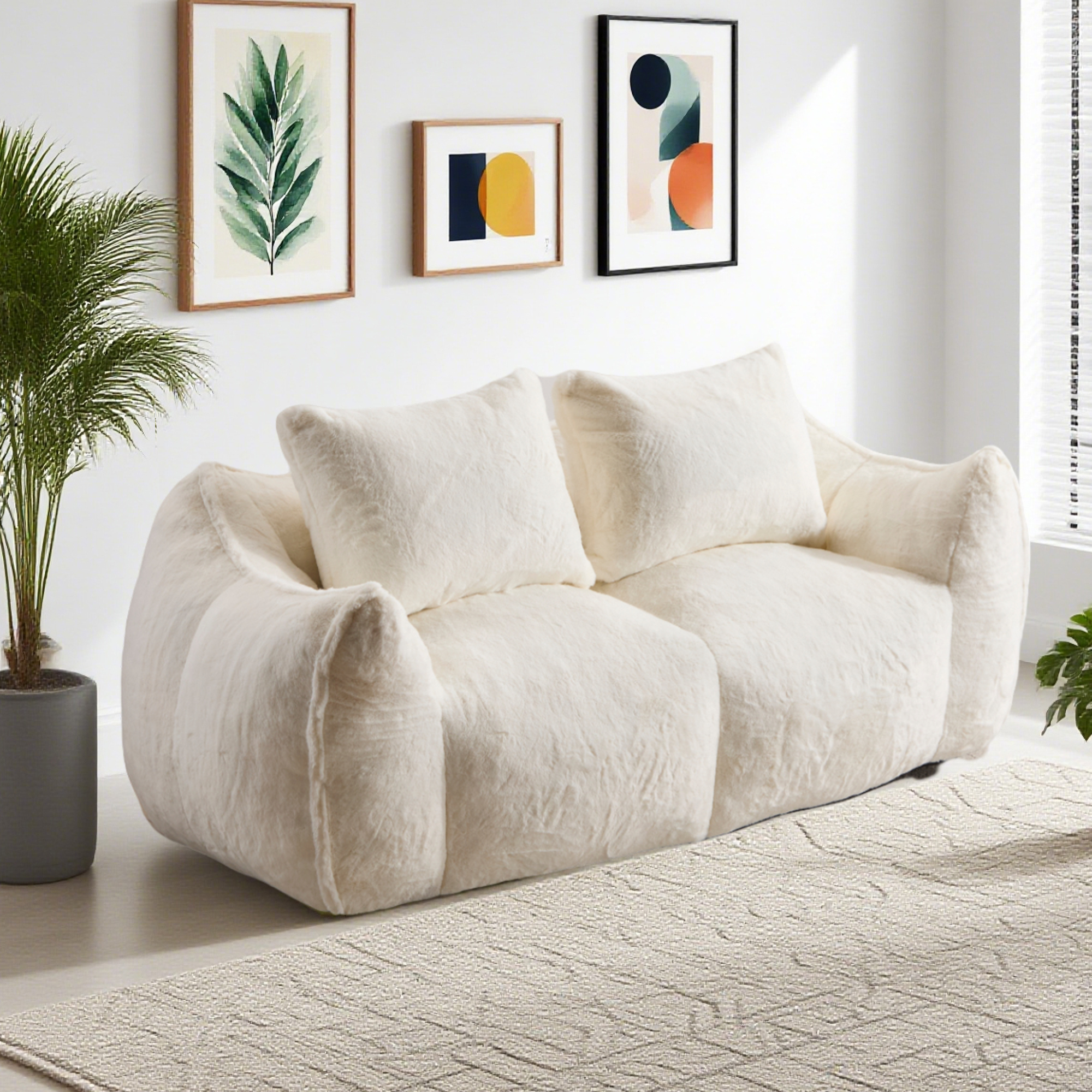 Aukfa Faux Fur Loveseat, 25" Deep Seat Giant Bean Bag Sofa for Living Room, White