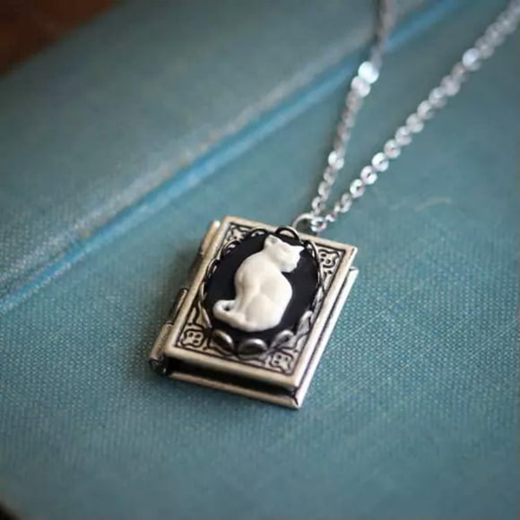 HOOUN Vintage Cameo Cat Book Pendant Box Necklace Jewelry Gothic Gift Cosplay Library-Silver