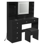 Ktaxon Large 47.2 Makeup Vanity with 3 Color Lights, Dressing Table w/ USB Charging Station, Adult, Black