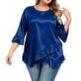 thumbnail image 2 of Lmueinov Womens Satin Summer Tops Plus Size 3/4 Length Sleeve Ruffle Hem Shirts Crew Neck Solid Flowy Casual Trendy Fall Going Out Tops for Women S-5XL, 2 of 4